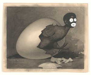 Design for illustrasjon i De Amsterdammer: en svart mann klekkes fra et egg (19. april 1930)