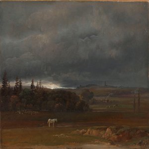 Åker ved Dresden med hvit hest av Johan Christian Dahl