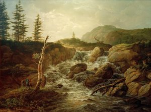 Nordisk landskap med foss