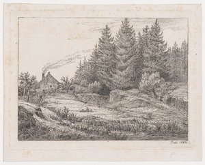 Bondefamilies hytte i utkanten av en skog av Johan Christian Dahl