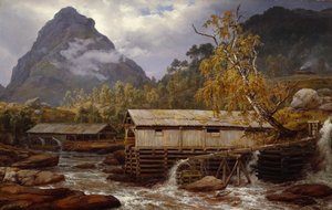 Sawmill in Kaupanger av Johan Christian Dahl