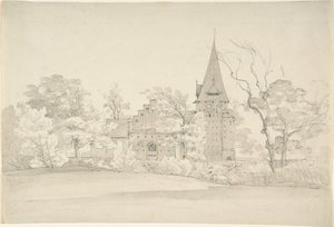 Aller kirke i Sønderjyllands Amt (Danmark), sett fra nord av Johan Christian Dahl