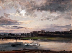 Elben og Dresden Neustadt i kveldslyset / Elbe og Neustadtbanken i Dresden i kveldslyset av Johan Christian Dahl