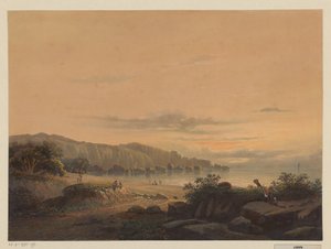 Utsikt over en bukt i Java Den lille bukten Srigonjo, South K. v. Java (Malang regency, resid. Passarouang.) (tittel på objekt) av Johan Conrad Greive