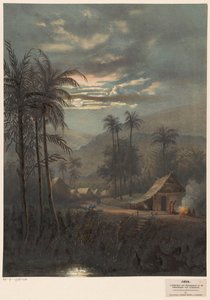 Landskap ved måneskinn nær Sumedang Landskap ved måneskinn i omgivelsene til Sumadang (preanger regencies.) (tittel på objekt) av Johan Conrad Greive