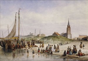 Fisherfolk on a Beach with a Town Beyond, 1857 av Johan Gerard Smits