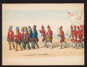 Masquerade of the Delft Students, 1857 (plate 1) Utkledd prosesjon holdt av medlemmene av Delft studentkorps den 5. mai 1857, som viser Garebeg-prosesjonen til sultanen av Djokjokarta og de mest karakteristiske typene fra Nederland.