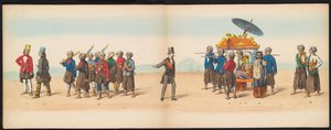 Masquerade of the Delft Students, 1857 (plate 5) Utkledd prosesjon holdt av medlemmene av Delft studentkorps den 5. mai 1857, som viser Garebeg-prosesjonen til sultanen av Djokjokarta og de mest karakteristiske typene fra Nederland.