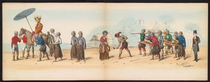 Masquerade of the Delft Students, 1857 (plate 6) Utkledd prosesjon holdt av medlemmene av Delft studentkorps den 5. mai 1857, som viser Garebeg-prosesjonen til sultanen av Djokjokarta og de mest karakteristiske typene fra Nederland.