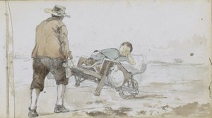 Landskap med en mann som dytter en gutt på en vogn av Johan Hendrik Weissenbruch