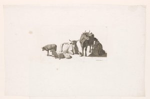 Kvinne som melker en ku, med storfe og sauer. av Johan Jakob Biedermann