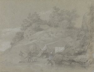 En elv ved en steinete bank med figurer, muligens i India av Johan Joseph Zoffany
