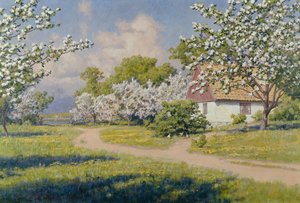 Et skogkledd landskap med en hytte om våren av Johan Krouthén