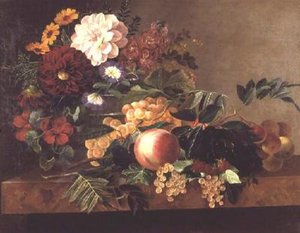 Blomster og frukt på et marmorbord av Johan Laurents Jensen