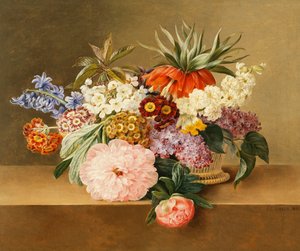Iris, syrin, primulae, blomster og peoner i en kurv,