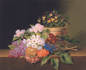 Syrin, epleblomst, kornblomster og søte Williams med en gryte med bratsj på en avsats, 1827