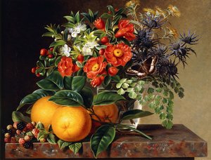 Appelsiner, bjørnebær og en vase med blomster på en avsats, 1834