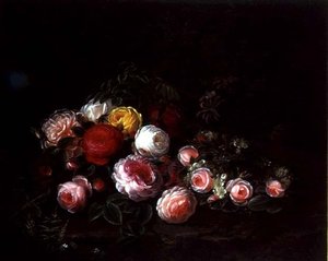 Roser i et landskap (olje på lerret) av Johan Laurents Jensen