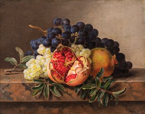 Granatepler og grønne og blå druer på marmorramme, 1833.