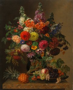 Stilleben med blomster og frukt, 1836.