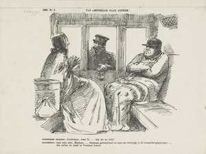 Tegneserie av de mange ulykkene på Rhijnspoorweg, 1866 Fra Amsterdam til Arnhem (tittel på objekt)