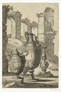 Tre vaser og en lysestake Materiam superabat opus (tittel på objekt) Vaser og lysestaker (serietittel) av Johan Teyler (attributed to)
