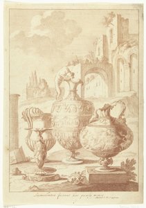 Lysekrone og tørr vase Laomedonteae fuerant haec pocula mensea (tittel på objekt) Vase og lysestake (serietittel) av Johan Teyler (attributed to)