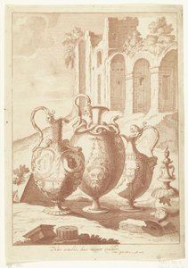 Fire vaser, den fjerde knust Huc oculis, huc mente trahor (tittel på objekt) Vaser og lysestaker (serietittel) av Johan Teyler (attributed to)