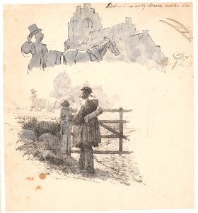 Kveldstiden. F.o. studie av bondemannen ved kirken. Illustrasjon til Kaalunds "Fabler for barn". Se kommentar fra arkkatalog. av Johan Thomas Lundbye