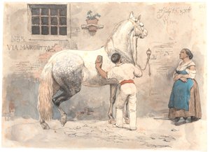 En gråskimlet hest strigles i Via Margutta av Johan Thomas Lundbye