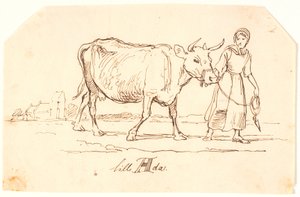 En jente som trekker en ku i et landskap med en kirke. "Lille Ada" av Johan Thomas Lundbye