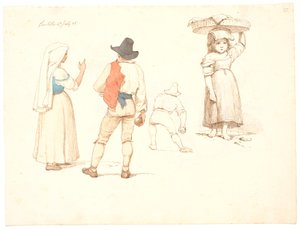 Fire figurstudier. Stående kvinne og stående bocciaspiller, en bocciaspiller som kaster og liten jente med en kurv på hodet av Johan Thomas Lundbye