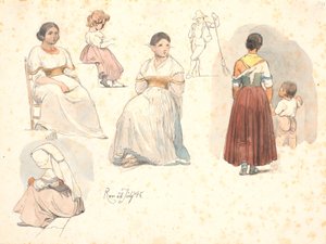 Fire studier av italienske kvinner, en med et barn ved hånden, samt en studie av et barn og en studie av en gatefeier av Johan Thomas Lundbye