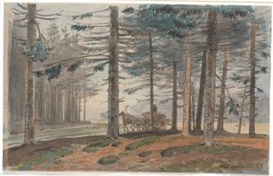 Granskog med vei som det kjører en hestevogn med et lass ved. I bakgrunnen en lysning i skogen