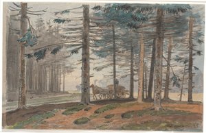 Granskog med vei som det kjører en hestevogn med et lass ved. I bakgrunnen en lysning i skogen av Johan Thomas Lundbye