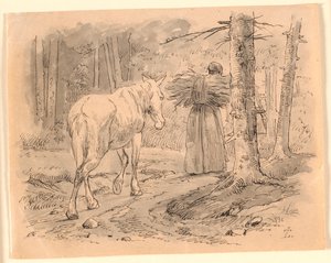 Kona og hesten. Illustrasjon til Kaalunds "Fabler for barn". Se kommentar fra arkkatalog. av Johan Thomas Lundbye
