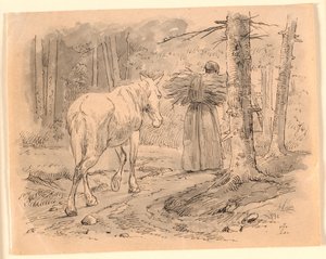 Kona og hesten. Illustrasjon til Kaalunds "Fabler for barn". Se kommentar fra arkkatalog. av Johan Thomas Lundbye