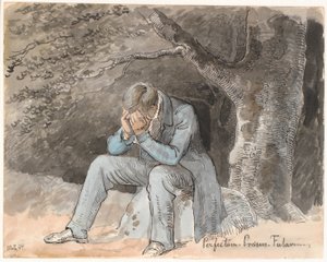 "Perfectum - Nåtid - Fremtid". Ung mann sitter under et tre på en stein med hendene mot ansiktet av Johan Thomas Lundbye