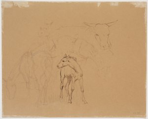Studie eines grasenden Pferdes, eines Fohlens und einer liegenden Kuh av Johan Thomas Lundbye