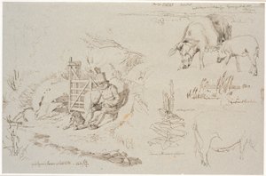 Studieblad fra Vognserup. T. v. en gjeter (gamle Rasmus Larsen) som sitter med en hund ved et ledd. F.o.t.h. en landskapsstudie med stedsnavn. Inkludert to griser. T.h.m.f. studie av siv i en innsjø. Inkludert en kongelig lysplante og studie av en purke av Johan Thomas Lundbye