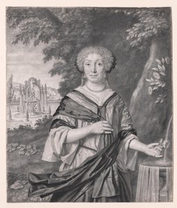Portrett av en kvinne nær en fontene, en rose i hånden hennes av Johan Thopas