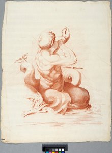Akademiezeichnung. Detail einer Deckendekoration mit Peleus und Thetis in der Galleria Farnese, Rom, Triton bläst eine Muschel av Johan Tobias Sergel