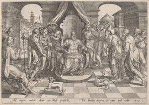 Moses og Aron foran farao av Johan Wierix, after Maarten van Cleef
