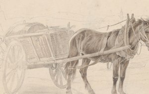 En vogn trukket av en brun hest nær en lampestang, Verso: En gruppe monterte offiserer, ca. 1815.