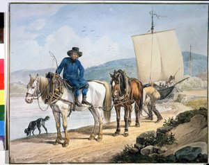 ""En hest og vogn ved elven"". Hester langs en elv som sleper en båt eller brukes til å losse varer på en slepesti". Maleri av Johann Adam Klein (1792-1875)