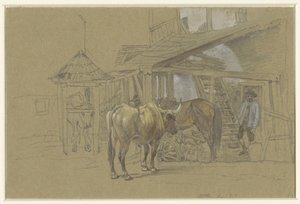 Okser og en hest ved hovslageren