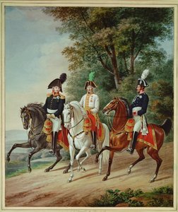 Die drei Monarchen zu Pferd: Kaiser Franz I., Zar Alexander I., König Friedrich Wilhelm III.
