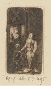 Forkrøplet gammel tigger med gutt og kvinne foran vinduet av Johann Andreas Benjamin Nothnagel