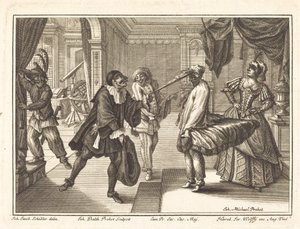 Harlekin hos Dr. Polovards hus av Johann Balthasar Probst after Johann Jacob Schübler