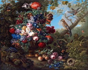 Stort blomsterstilleben med fugler